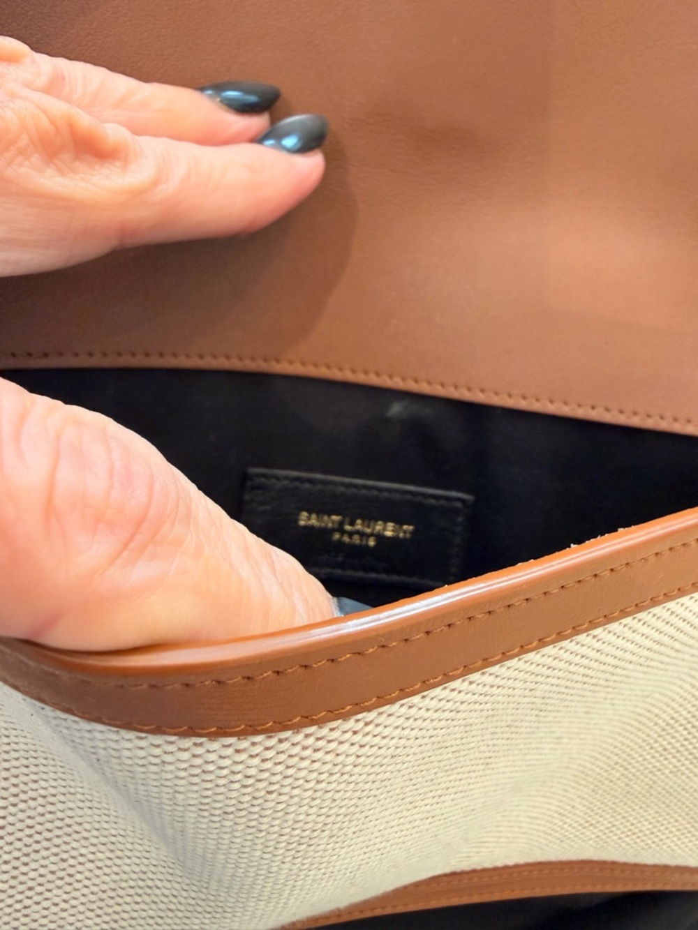 Saint Laurent Uptown Clutch Beige Canvas Tan Leather YSL $730-authentic - Picture 7 of 9